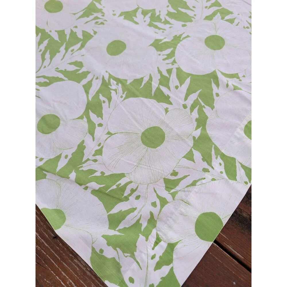 Vintage 70s MCM Queen Flat Sheet Retro Green Floral Dan River Tranquale Flowers